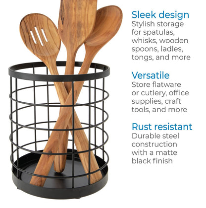 iDesign Kitchen Crock for Utensils - Steel Kitchen Crock Utensil Holder for Countertop - Matte Black
