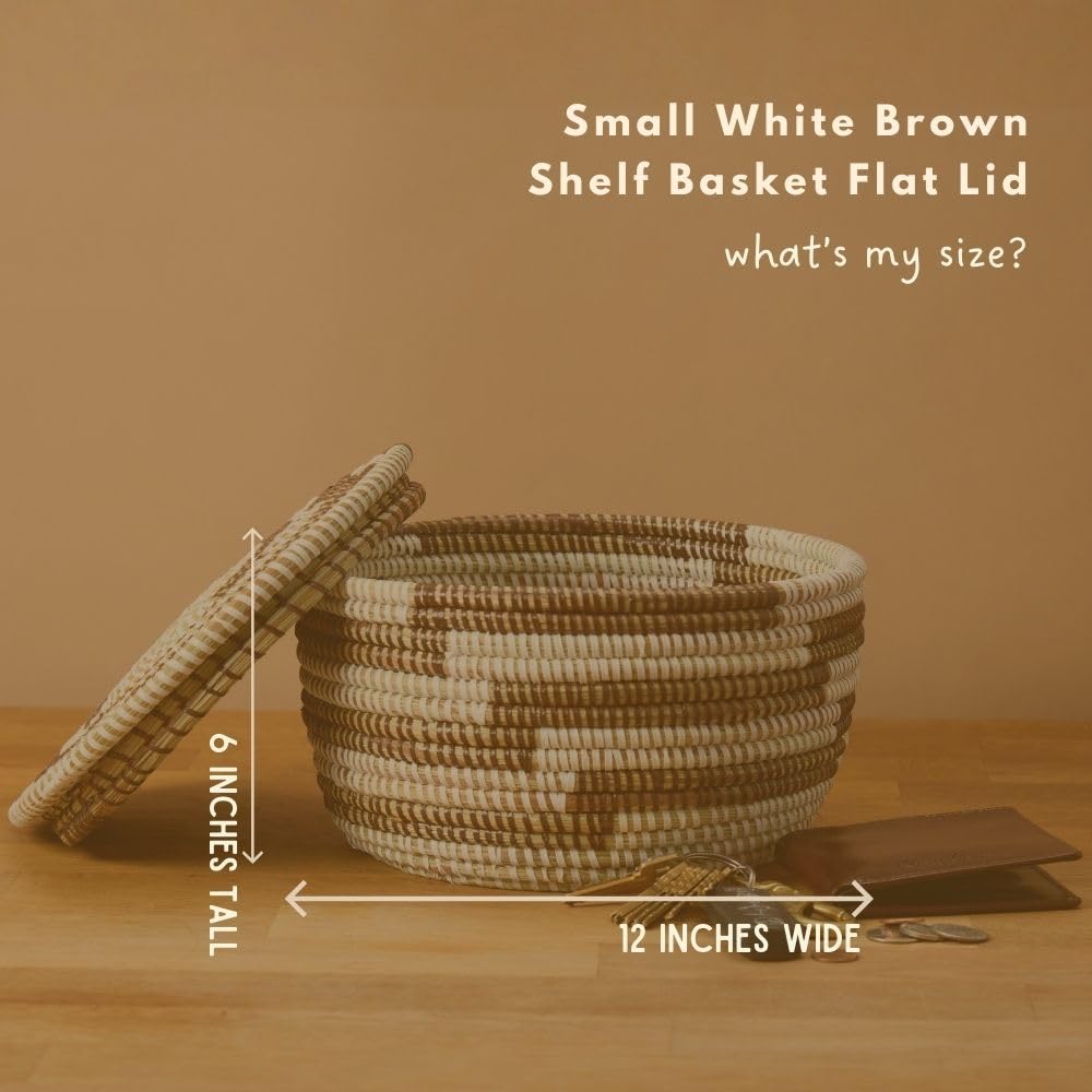 Key Basket with Lid for Entryway, Brown Pattern on White, Flat Lid, 10 Inch Wide