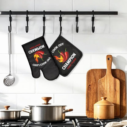 DYJYBMY Chili Cook-Off Champion First Place Funny Oven Mitts and Pot Holder Set for Baking Cooking, Chili Champion Gifts, Perfect Cooking Housewarming Baking Gifts for Women Men Dad Friend