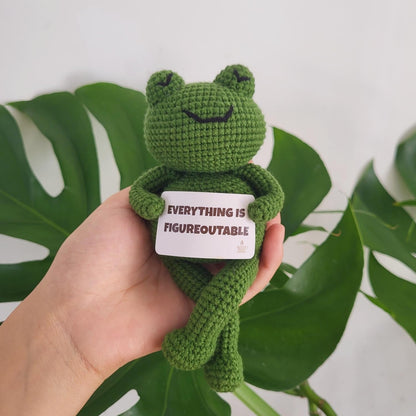 LUDEONA Inspirational Frog Desk Decor - Everything is Figureoutable Emotional Support Frog, Funny Coworker Gift for Women Men, Crochet Frog Plush with Mini Chair & Umbrella, Office Relaxation Gift