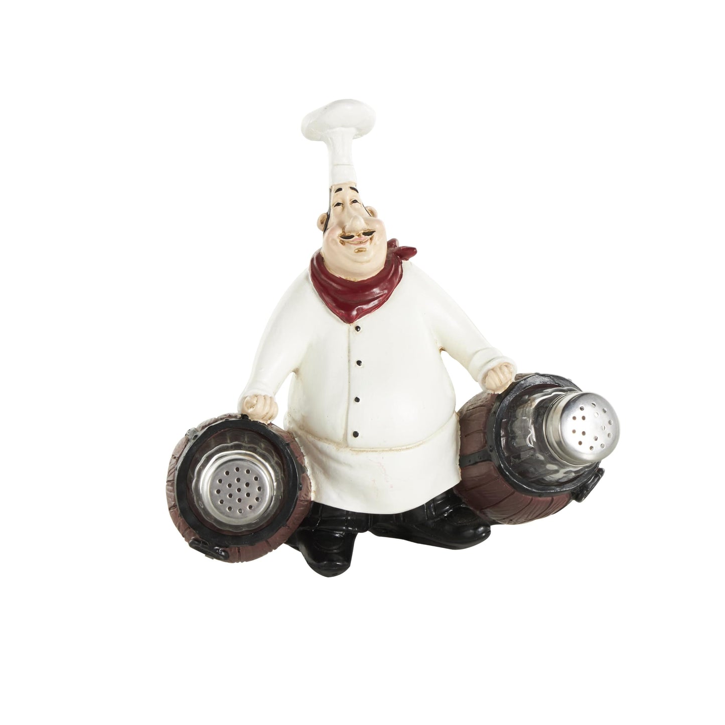 Deco 79 Polystone Chef Salt and Pepper Shaker Holder Figurine with Wood Barrel Accents, 7" x 4" x 8", White