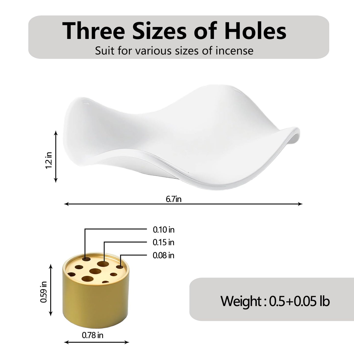 6.7 "Ceramic Incense Burner for Incense/Coil,Wavy Base with Brass -Incense Holder for Sticks,with Ash Catching Bowl for Meditation Yoga and Home Decoration (White)