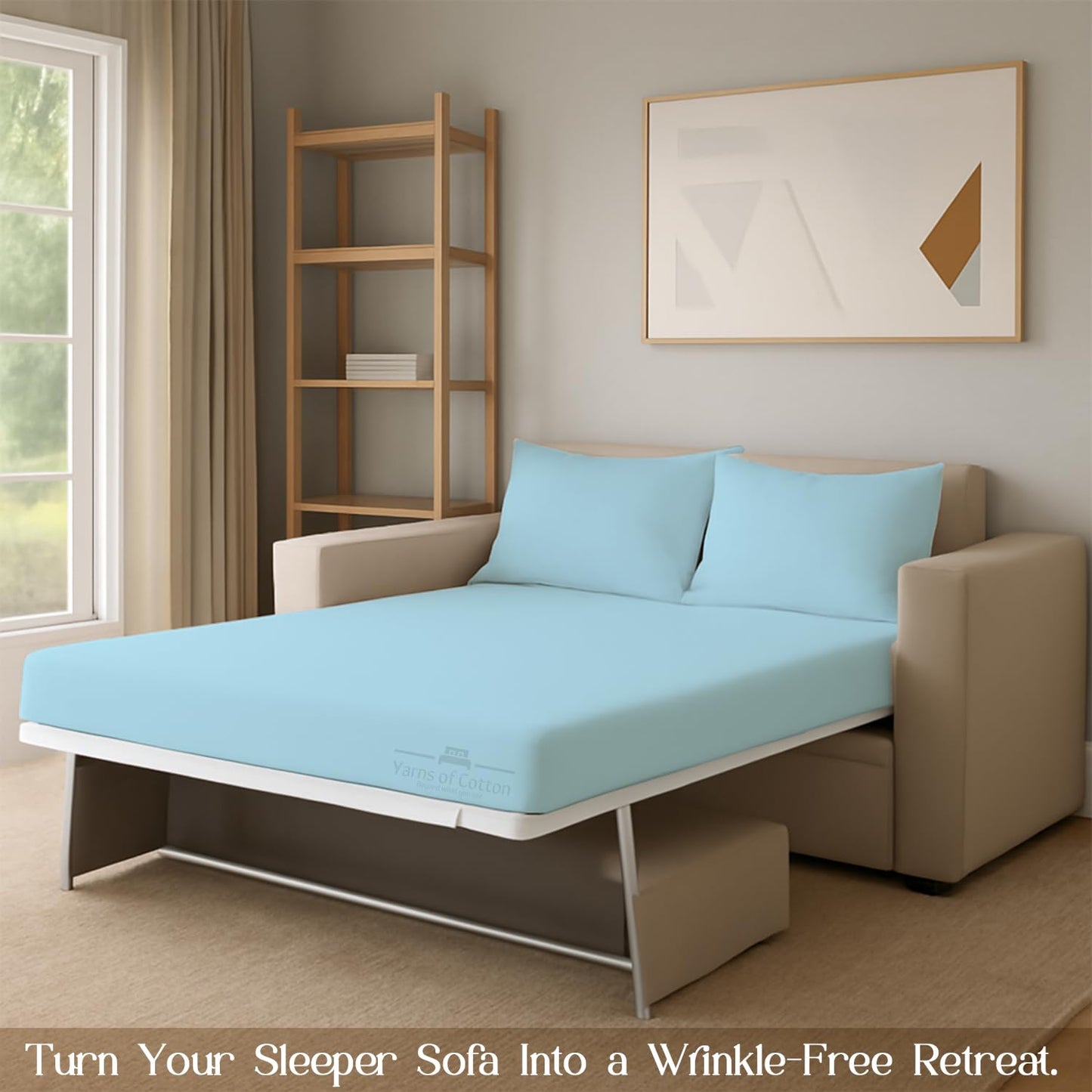 Sleeper Sofa Bed Sheet, 100% Cotton 400 Thread Count, 4 Piece Set, Deep Pocket Fitted Sheet, Soft Wrinkle Free & Breathable, Luxury Hotel Quality, Fits Up to 6 Inch Mattress (Full, Light Blue)