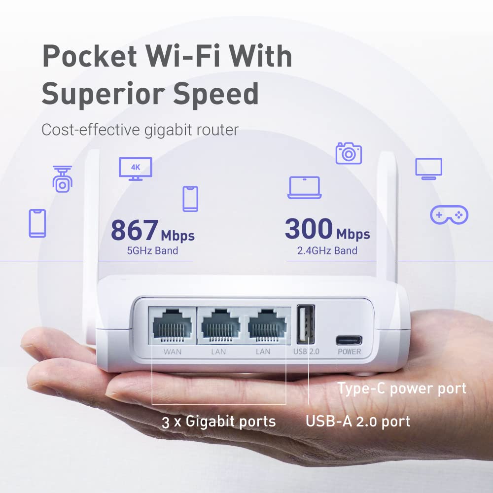 GL.iNet GL-SFT1200 (Opal) Portable Wifi Router for Travel, Wireless Access Point, Pocket Wifi 5 Abroad, Secure Vpn Router, Mobile Wireless Routers for Modem, Mini Routers for Hotel, Plane, Openwrt