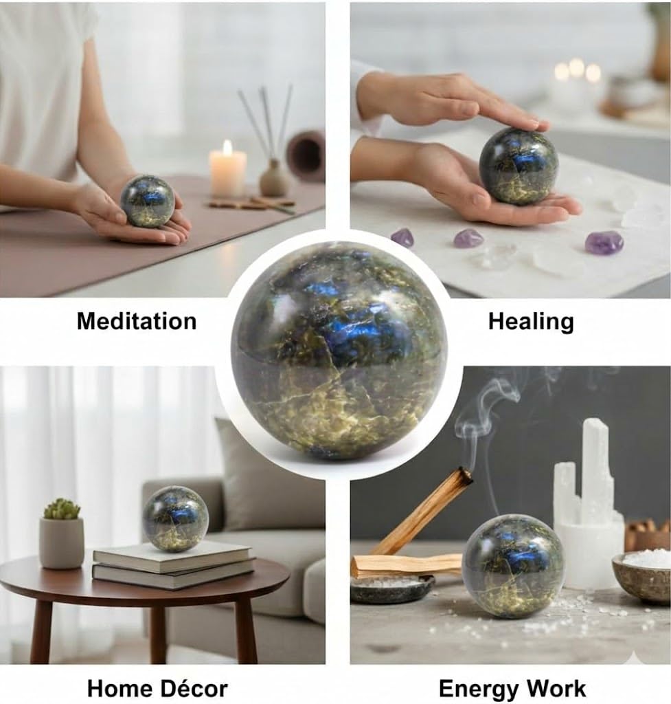 Jet Labradorite Crystal Ball 50-55 mm | Natural Labradorite Sphere with Stand for Positive Energy, Reiki Healing, Meditation, Aura Protection, Home Décor & Spiritual Gifts
