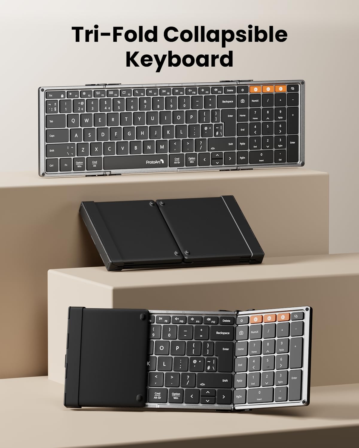 ProtoArc XK01 Plus Foldable Keyboard, Backlit Folding Portable Bluetooth Keyboard for Travel, Full Size External Wireless Keyboards with Backlight for iPad Surface Tablet Smartphone Laptop PC