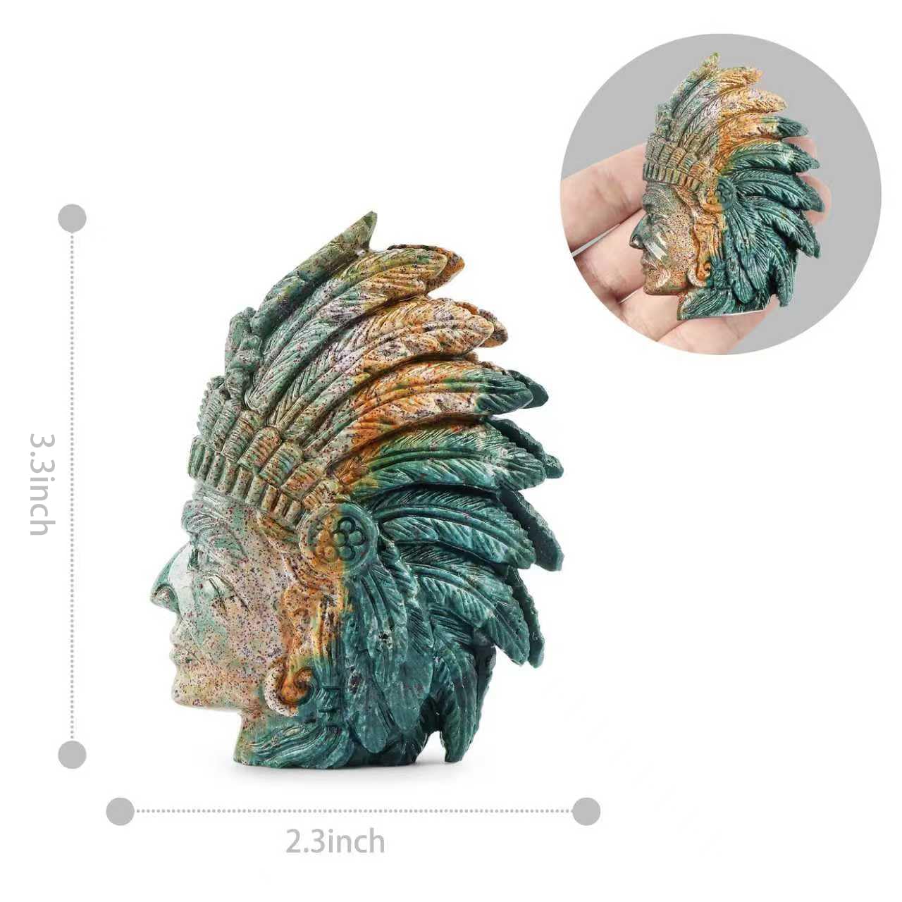 SMQ 3.3" Indian Head Bust Statue Ocean Jasper Crystal Stone Skull Ornaments Native American Indian Figurine for Diorama Gemstone Sculpture for Home Office Room Decor