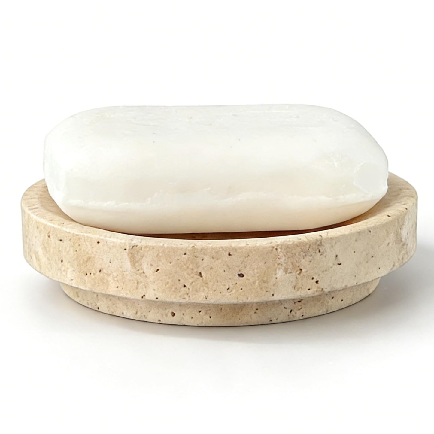 Marble Soap Dish, Pedestal Round Soap Holder for Shower, Stone Soap Tray for Bathroom Kitchen Counter Sink, Bar Soap Saver & Vanity Organizer (Beige Travertine)