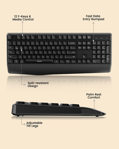 seenda Bluetooth Keyboard and Mouse, COE200 USB + Bluetooth Multi Device, Ergonomic Keyboard Mouse Set, Full-Size Wireless Combo Compatible for Mac OS/Windows PCs Computers Laptops MacBooks - Black