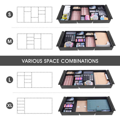 GOME Large Size Under Desk Slide out Pencil Drawer with Adjustable Space Divider Design for Storing Pencil and Office Accessories, Underdesk Pull out Tray Organizer Mounted for Sit Stand Workstation