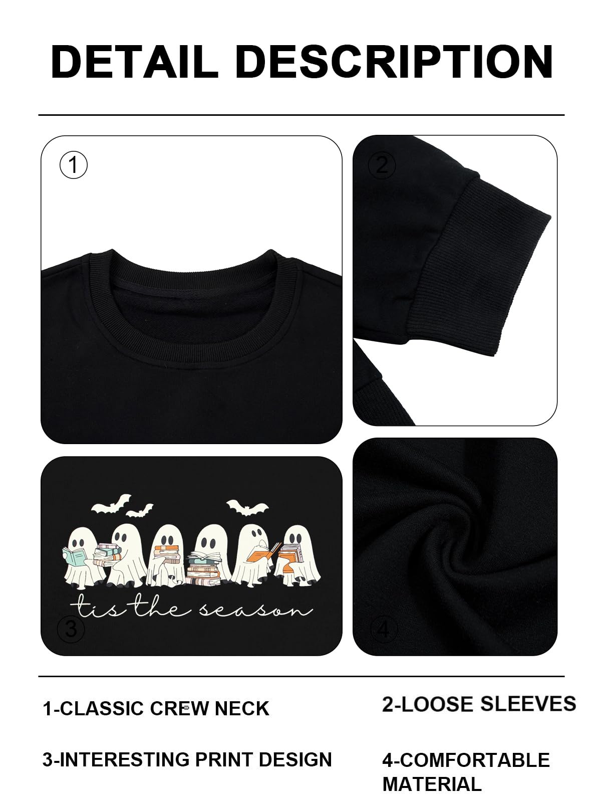 UNIQUEONE Halloween Sweatshirts for Women Ghost Reading Books Sweater Cute Spooky Bookish Shirt Fall Pullover Tops A-Black