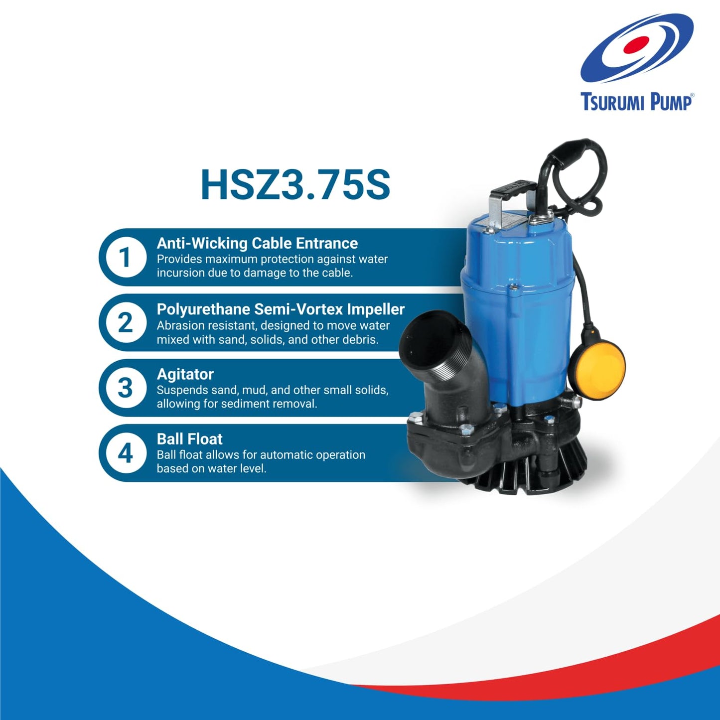 Tsurumi Pump HSZ3.75S Submersible Trash Pump Float Switch 1 HP 115V 3 in Discharge Dewatering applications - sand & solids, where auto operation is needed | 66 GPM / 4000 GPH