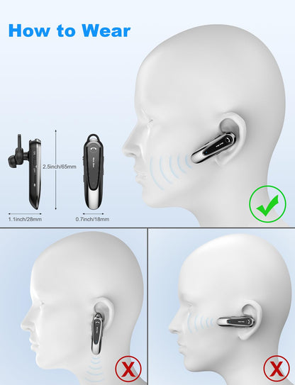 New bee Bluetooth Headsets with Dual Mic V5.0 Handsfree Bluetooth Earpiece with 25 Hrs Talking Time Mic Mute Two Device Connection for iPhone, Android and Laptop