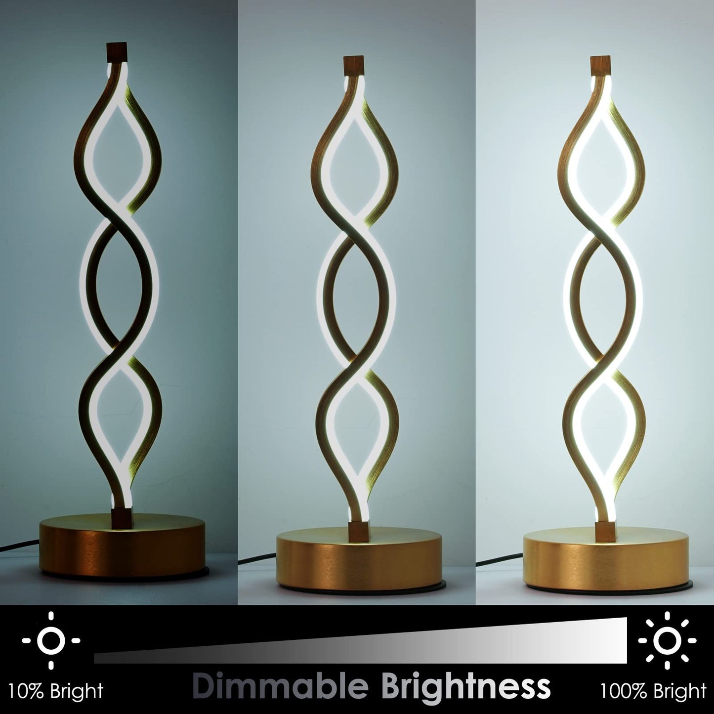 NUÜR Gold Infinity Spiral LED Table Lamp, Lamps for Bedrooms Dimmable Metallic Bedside Lamp with Touch Controller, 3 Colour Temperature, 15.8 Inch Height for Living Room