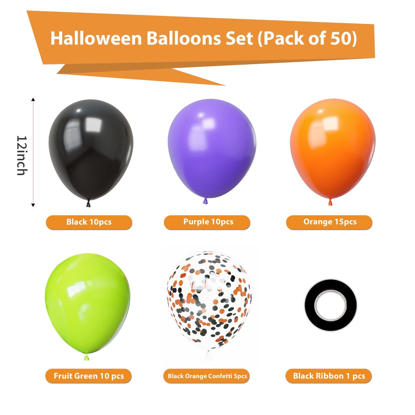 Halloween Balloons Set, 50Pcs 12Inch Black Orange Purple Green Balloons Kit, Black and Orange Latex Balloons for Birthday Halloween Party Decorations