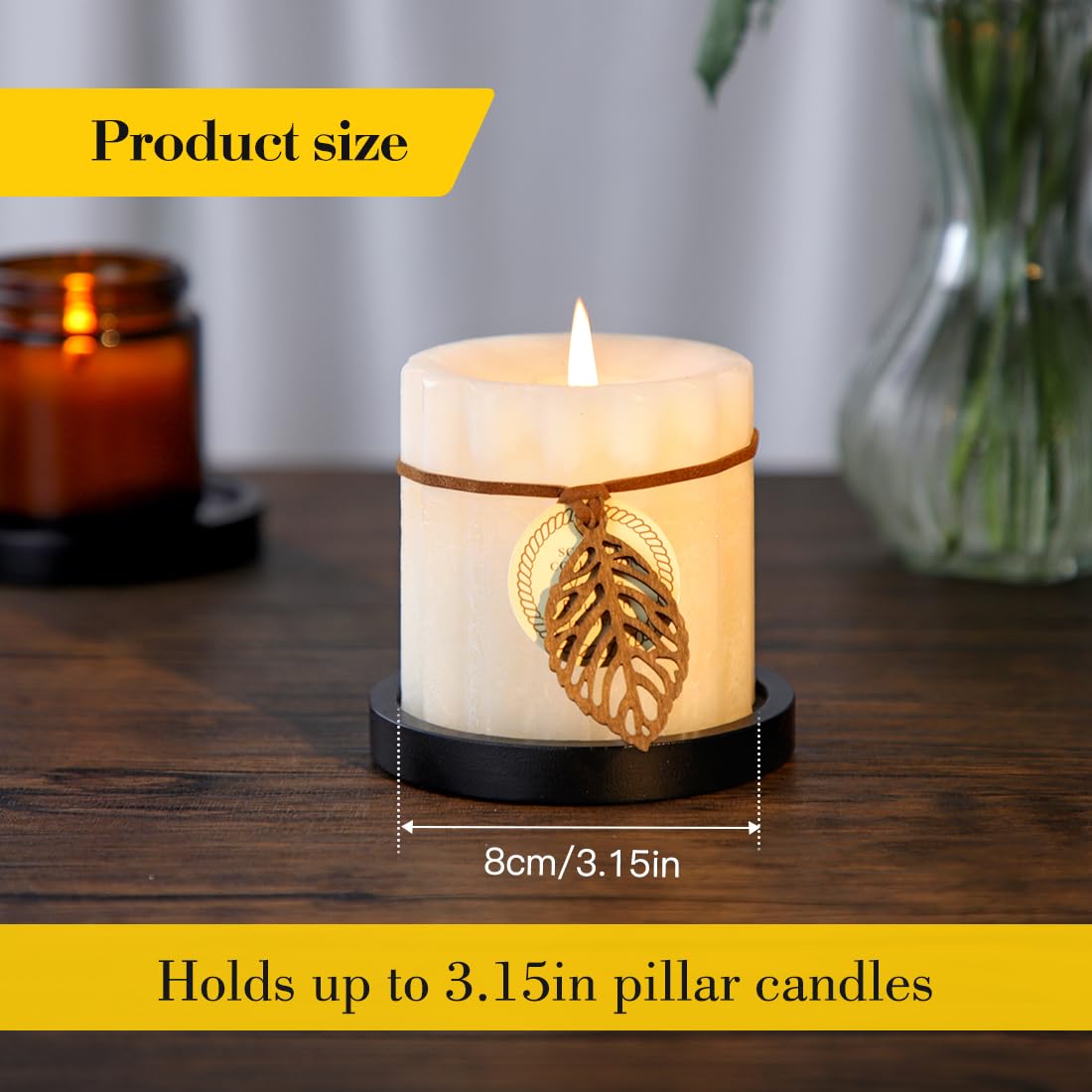 Black Wood Candle Holder - HALE OTEIR Wooden Pillar Candles Tray, Set of 4 Round Wooden Plate Pedestal Stand for Floating or Pillar Candles, Coffee Table Centerpiece for Home Decor