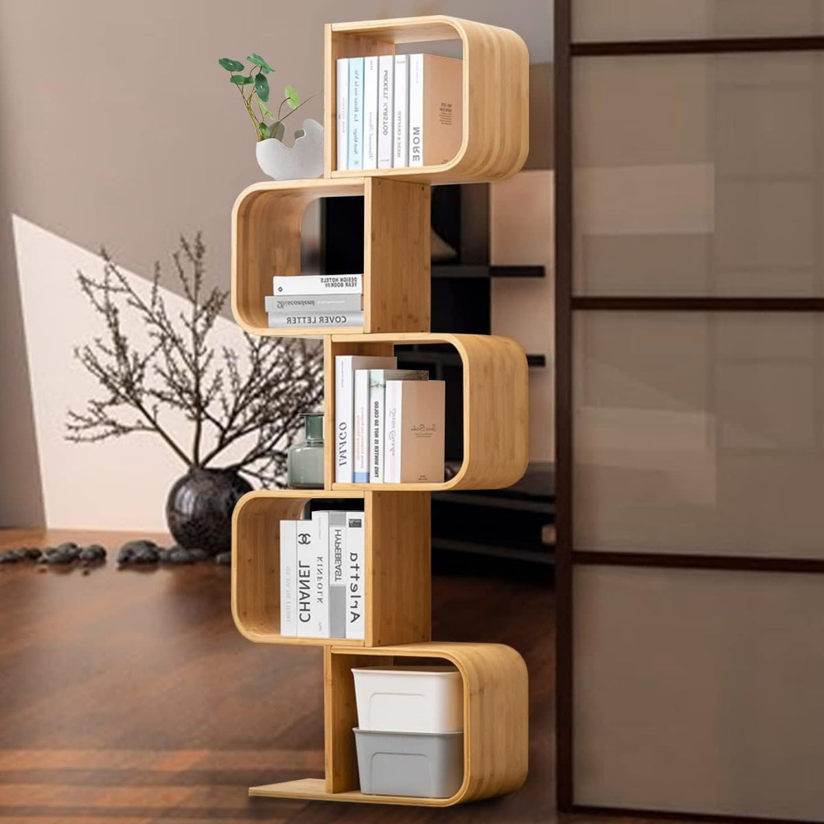 briteman S-Shaped Geometric Modern Bamboo Bookshelf, Large Capacity Creative Display Curved Rack Free-Standing 2 in 1 Bookcase Storage CDs, DVDs Book Shelf for Home, Office, Living Room (NEW 5-Tier)