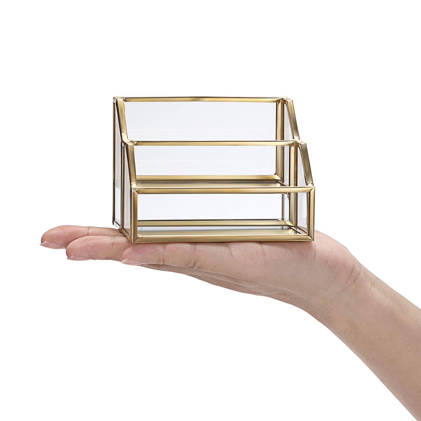 Hipiwe Glass Business Card Holder 2 Slots Gold Business Card Stand Mirrored Base Name Display Holder for Desk Multiple Clear Business Card Holder Display for Office