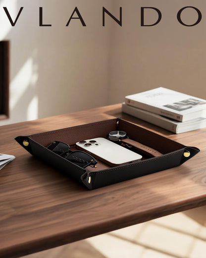 VLANDO Valet Tray for Men Women, Nightstand Organizer Vanity Catchall Holder for Dresser Desk Storage Bedside, Travel PU Leather Jewelry Key Bowl Coin Watches and Candy Entryway Tray - Large, Brown