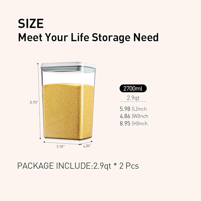 Food Storage Containers with Lids, 2.9Qt 2Pcs Airtight Pop Food Storage