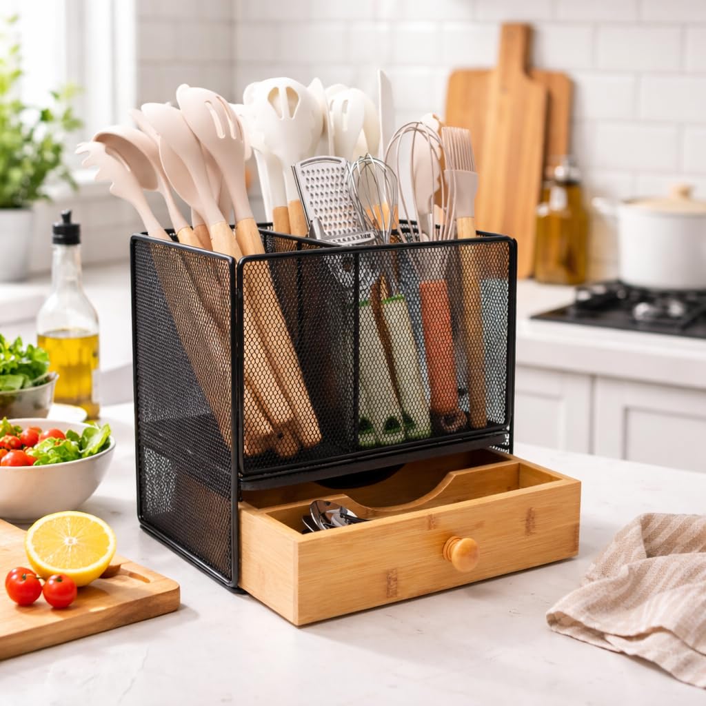 Kitchen Utensil Holder Countertop, Extra Large Utensil Organizer with Drawer, 2-Tier Utensil & Silverware Organizer for Kitchen Counter, Cooking Utensil Cutlery Caddy, Quick Dry Diatomite Base