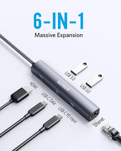Anker USB C Hub, PowerExpand 6-in-1 PD Ethernet Hub with 65W Power Delivery, 4K HDMI, 1Gbps Ethernet, USB-C Data Port, 2 USB 3.0 Data Ports, for MacBook Pro, MacBook Air, iPad Pro, XPS, and More
