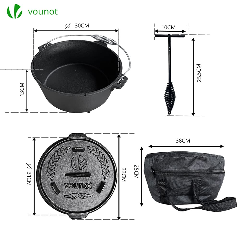 VOUNOT Dutch Oven 9 Liters, Pre-Seasoned Cast Iron Pot with Carry Bag, Feet, Lid Lifter, Spiral Handle and Slot for Thermometer, for Camping, Cooking Baking