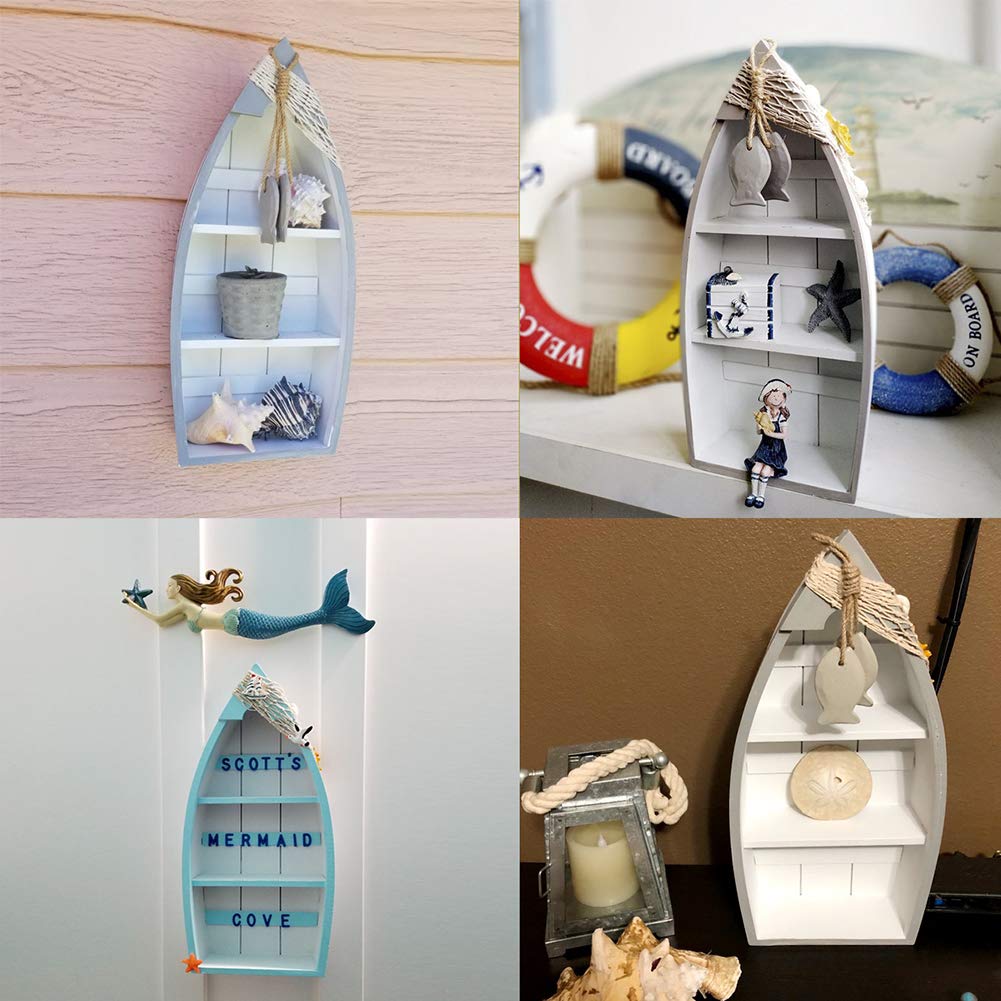 Attraction Design Wooden Boat Shelf, 16.5" H Standing Boat Display with Fish Net Starfish Seashell Accents White Beach Nautical Theme Decor H (Boat Shelf)