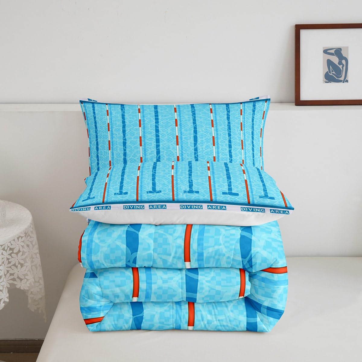 Manfei Swimming Kids Comforter Set Queen Size,Swim Sports Games Modern Fashion Bedding Set,Boys Girls Adults Room Decor,Swimming Pool Chic Down Comforter,Blue Unique Duvet Insert,2 Pillowcases