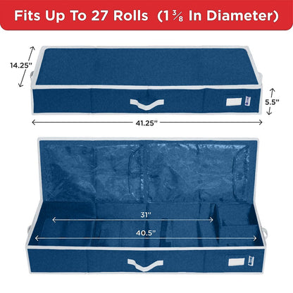 HOLDN’ STORAGE Premium Wrapping Paper Storage Container - Durable 600D Tear-Proof, Fits 27 Rolls Gift Wrap, Extra Pockets for Ribbons & Bows, Underbed Storage - Ideal for Holiday Christmas, Blue