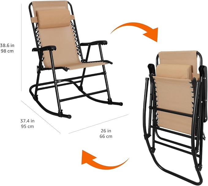 Amazon Basics Outdoor Portable Folding Rocking Chair with Headrest, Ergonomic Design, Weather-resistant Patio Reclining Lounge Chair for Porch, 33.6 x 37.4 x 26 inch, Beige