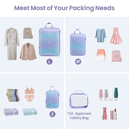 Cambond Compression Packing Cubes Travel - 5 Set Packing Cubes for Suitcases, Lightweight Expandable Luggage Organizers Space Saver Compression Cubes with Makeup Bag, White Blue Purple Gradient