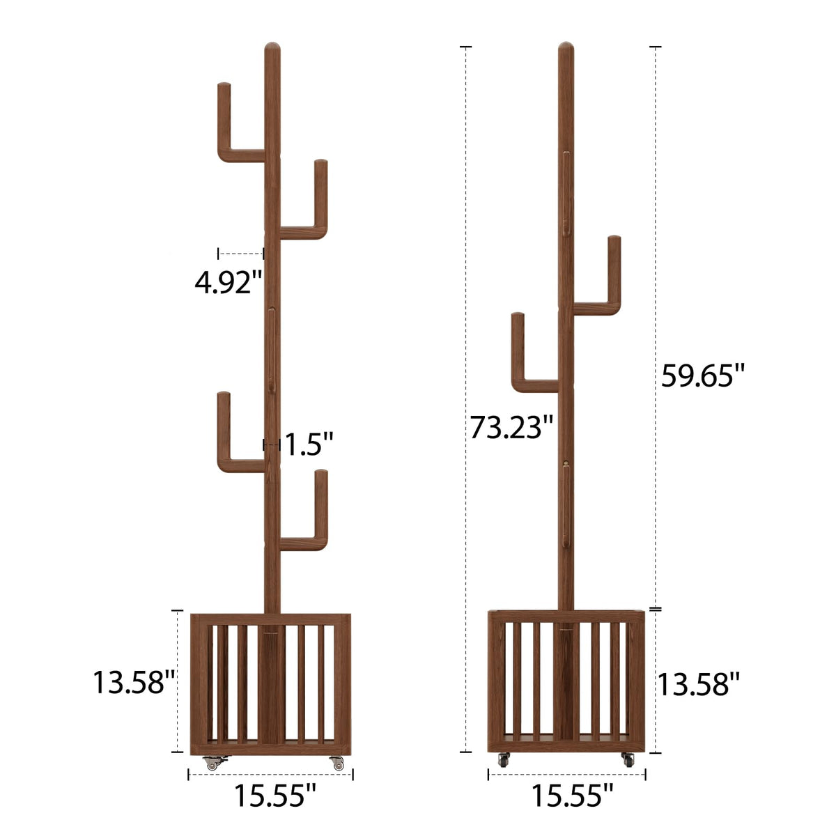 YQJJGL Solid Wood Cactus Coat Rack, Freestanding Coat Rack with 6 L-Shaped Hooks and Storage Basket, for Coats, Hats, Handbags, Coat Tree for Entryway, Bedroom, Living Room, Walnut