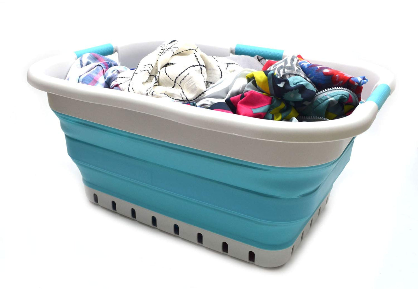 SAMMART 41L (10.8 gallon) Collapsible Plastic Laundry Basket - Foldable Pop Up Storage Container/Organizer - Portable Washing Tub - Space Saving Hamper/Basket (3 handled rectangular, Grey/Bright Blue)