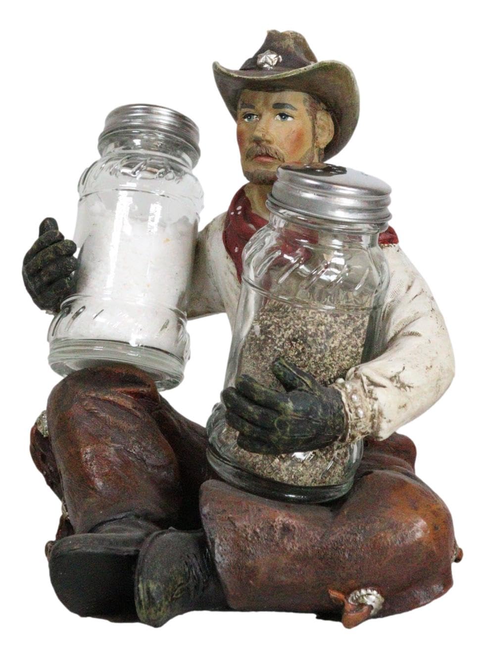 Ebros Gift Country Rustic Western Howdy Wrangler Cowboy With Chaps Sitting Crossed Legs Salt and Pepper Shakers Holder Figurine Set Farmhouse Ranch Wild West Southwestern Old World Decor