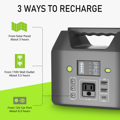 Portable Power Station EnginStar 300W Solar Generator 110V 296Wh Power Bank Two Pure Sine Wave AC Outlet 80000mAh Lithium Battery Pack for Camping Outdoors Trip RV Hunting Vans Emergency Backup