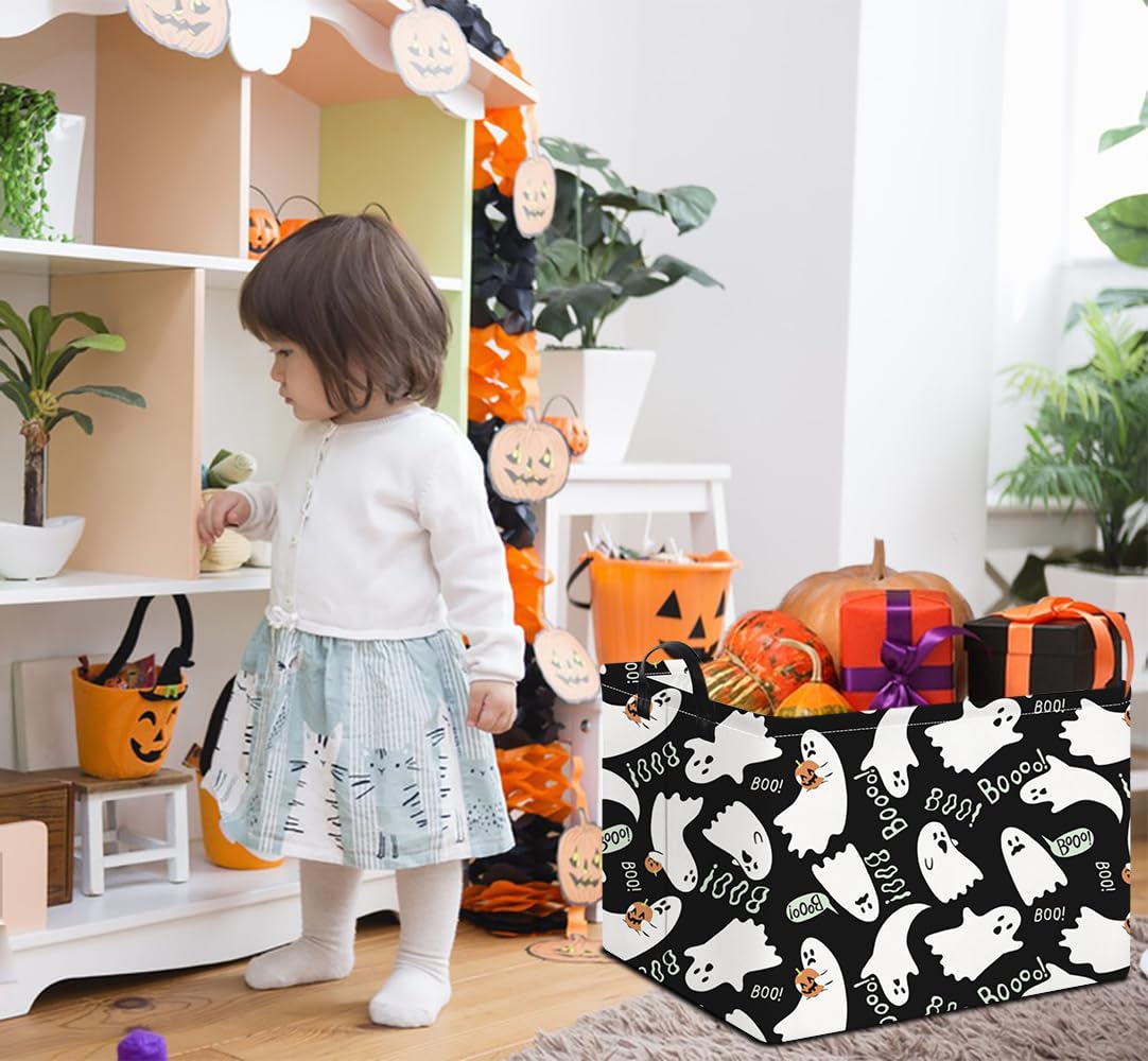 NTAOHAMPER Rectangular Gift Storage Basket Empty for Halloween, Storage Bin with Handles, Room Decor, Book Box(Black Ghost)