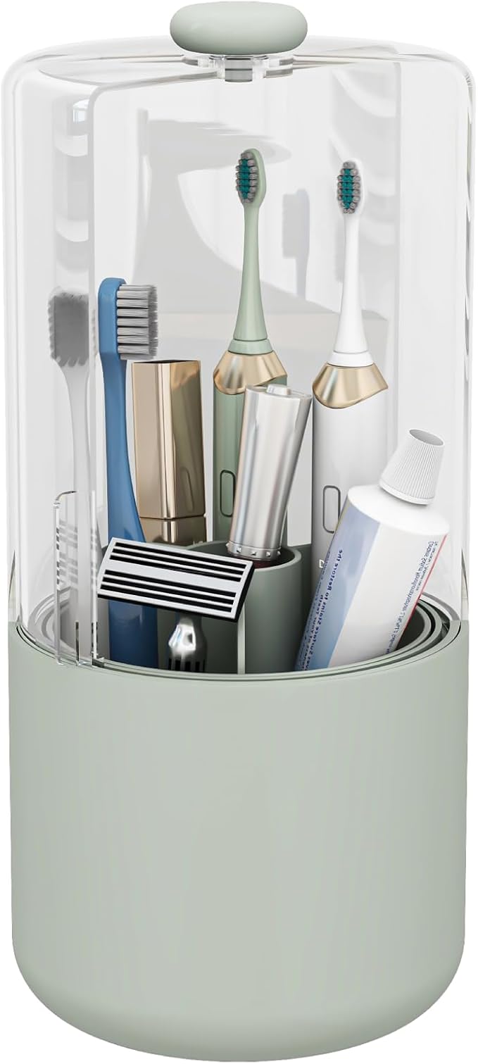 Toothbrush Holder with Cover 360 Rotating 4 Compartments Bathroom Toothpaste