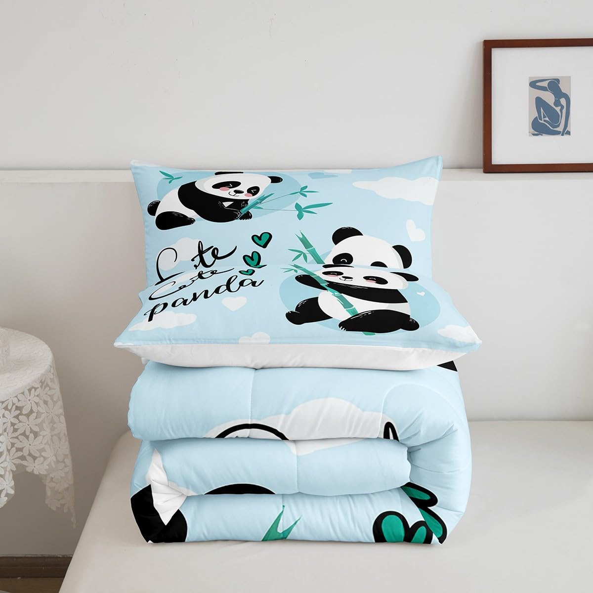 Feelyou Cute Panda Bedding Set Cartoon Panda Comforter Set for Kids Boys Girls Animal Theme Comforter Kawaii Animal Quilt Set Blue 1 Comforter Set with 2 Pillowcases Full Size