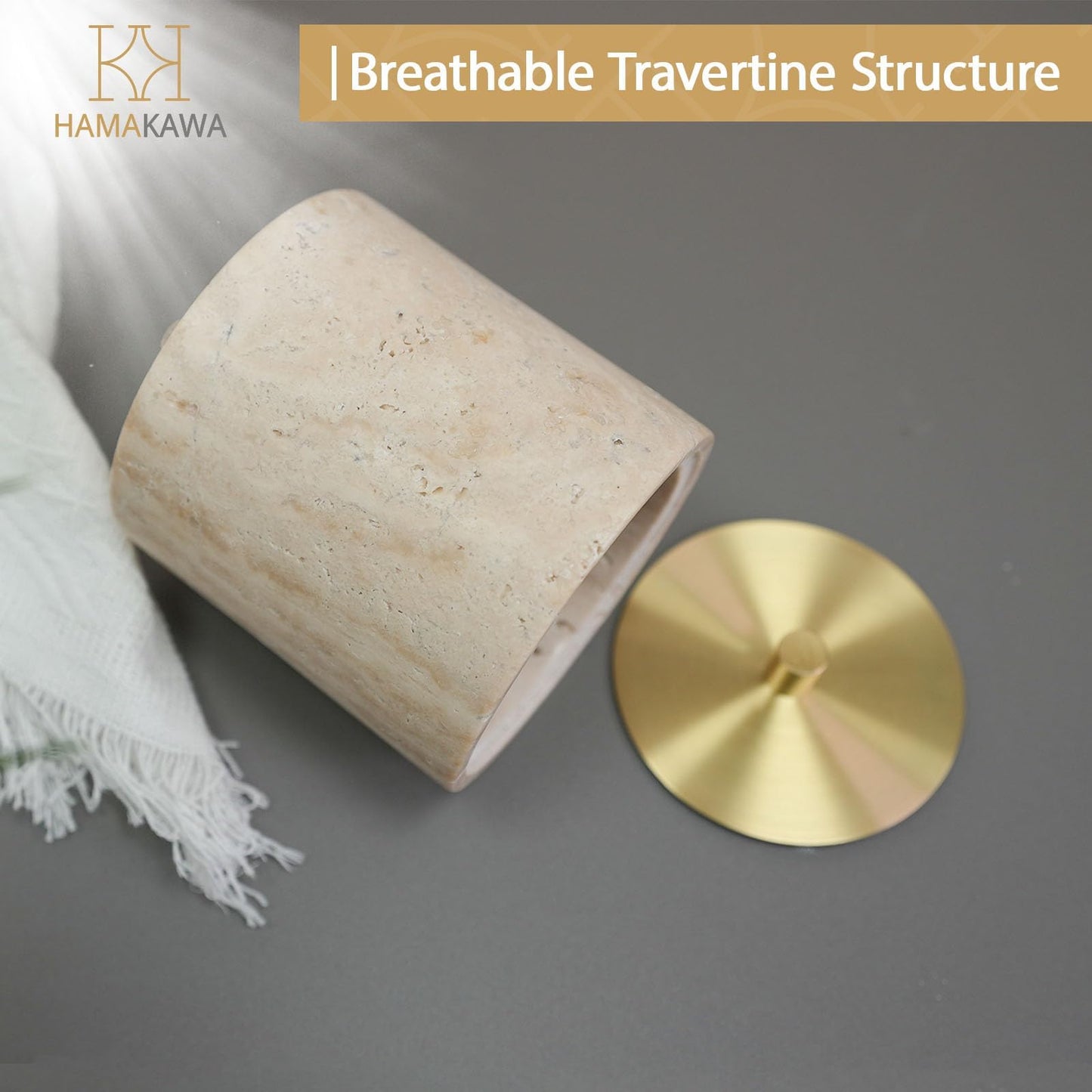 HAMAKAWA Nartural Marble Qtip Holder with Brass Lid, Beige Travertine Cotton Swab Jar, Modern Round Canister, Small Apothecary Storage Jars for Bathroom, Bedroom, Vanity, Kitchen Cabinet