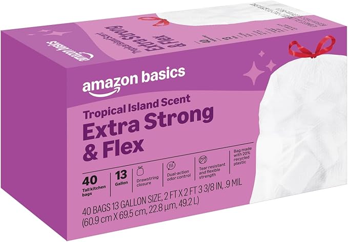 Amazon Basics Extra Strong & Flex Tall Kitchen Drawstring Trash Bags, Tropical