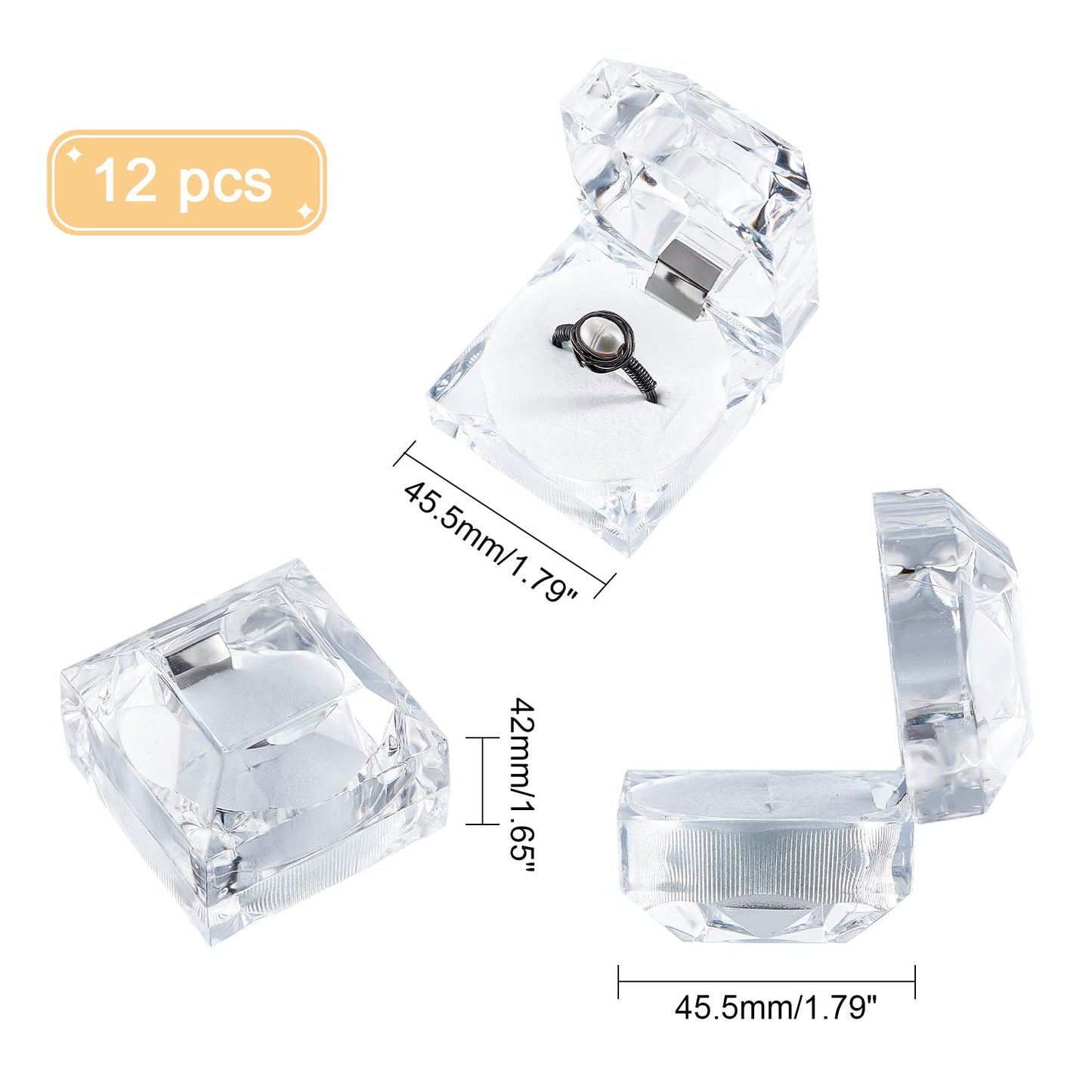PH PandaHall 12pcs Clear Crystal Ring Gift Boxes Square Earrings Jewelry Storage Box Acrylic Ring Box Holder Display Organizer Case with Foam for Proposal Engagement Wedding Jewelry Display, White