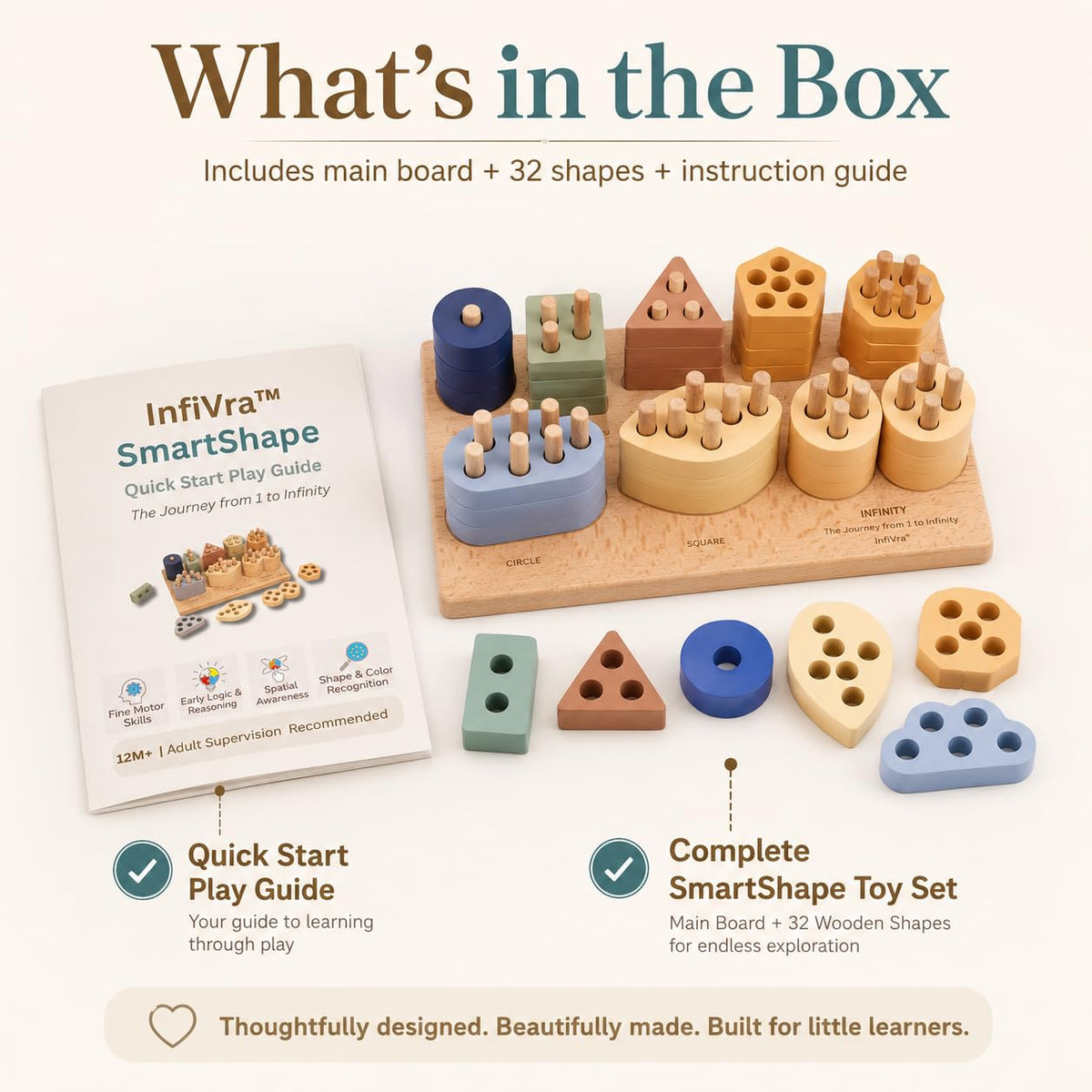 Infivra SmartShape — Montessori Wooden Shape Sorter with Cloud, Leaf & Infinity Shapes, Progressive 1-to-8 Peg Stacking Board for Toddlers 1-5, Fine Motor Learning Toy & Heirloom Gift