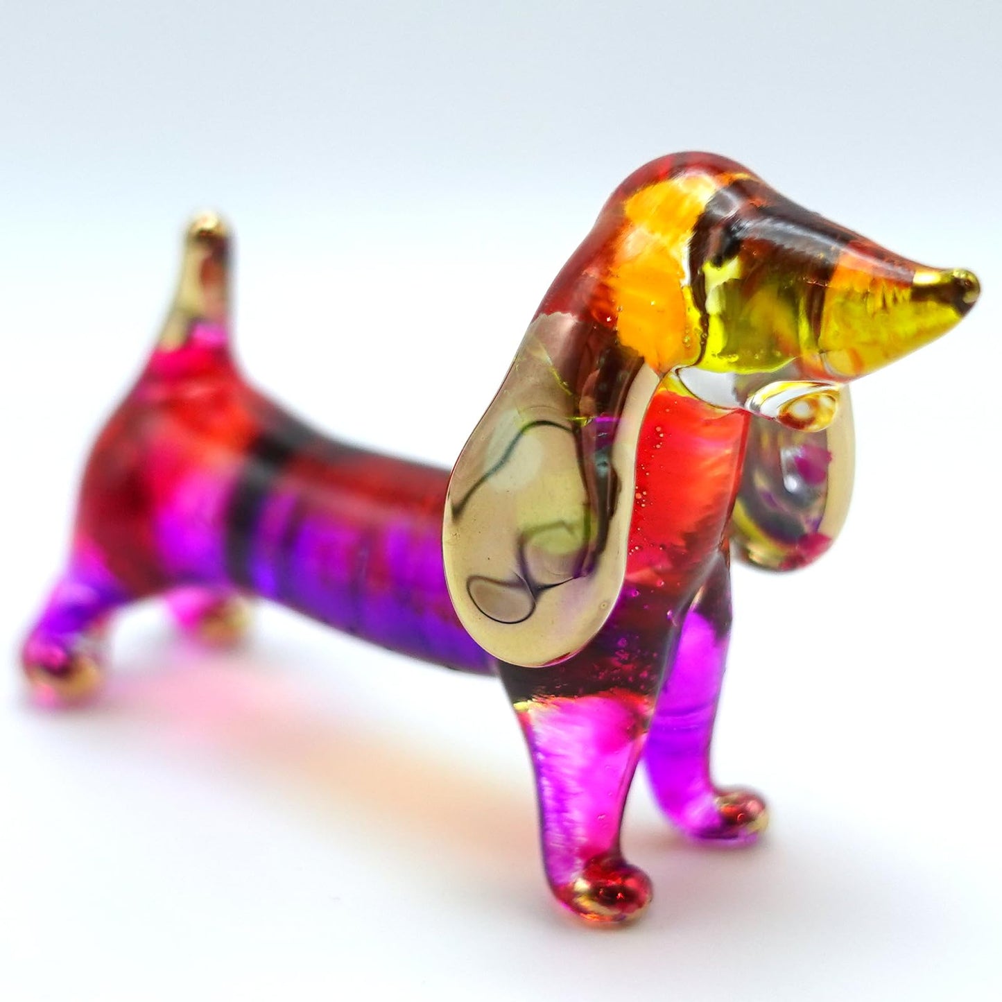 Sansukjai Dachshund Miniature Figurines Dog Animals Hand Blown Glass Art Gold Trim Collectible Gift Decorate (Pink Yellow)