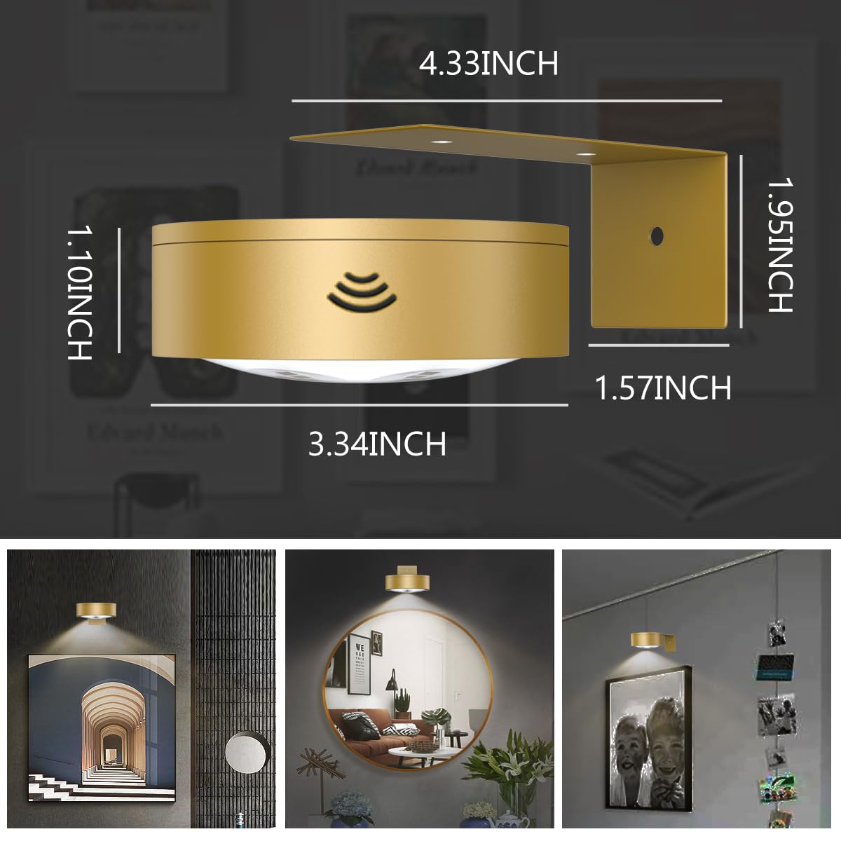 3Pack Picture Light Battery Operated Painting Lights for Wall Wireless Magnetic Display Art Light with Remote Control,Dimmable&Timer Portrait Light for Art Frame Artworking,Wall Decor Puck Lights-Gold