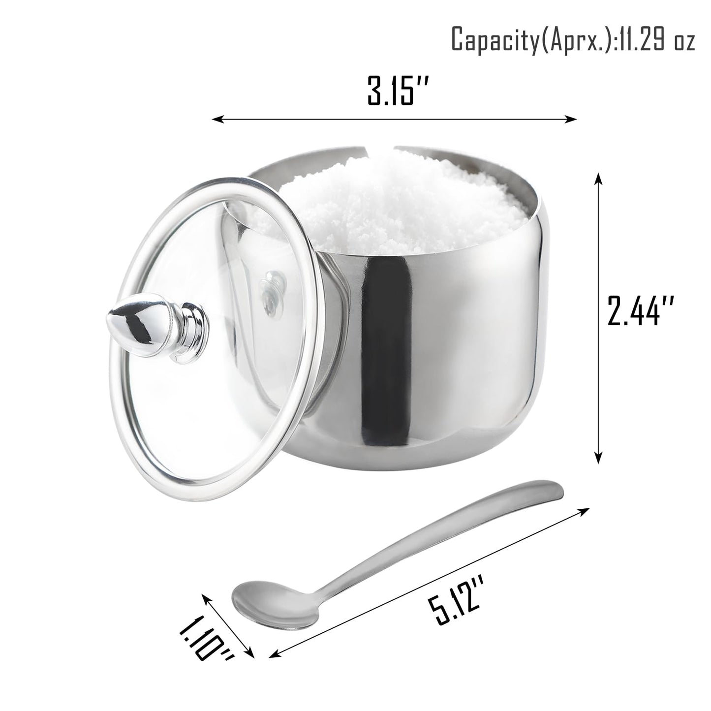 IBWell 10oz Sugar Bowl with Clear Lid and Spoon 2 Pack Silver Coffee Bar Containers for Kitchen Stainless Canister for Seasoning