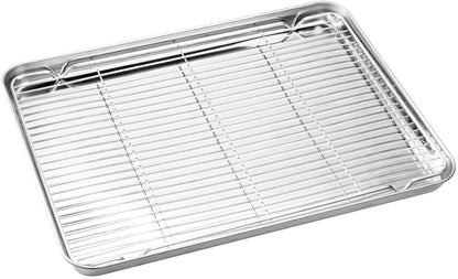 AIKKIL Baking Sheet with Rack Set [2 Sheets + 2 Racks], Stainless Steel Cookie Pan Baking Tray with Cooling Rack, Non Toxic & Heavy Duty & Easy Clean (9 x 7 x 1 inch)