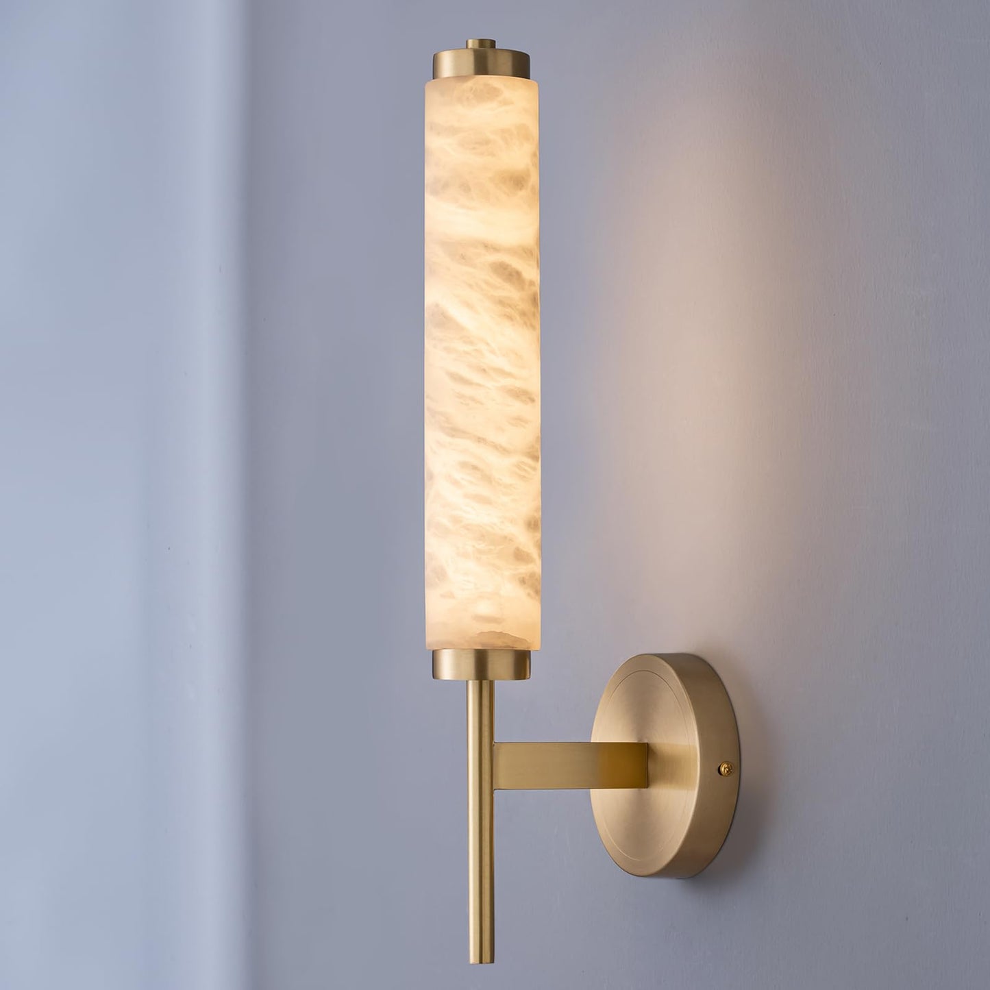 Modern Alabaster Wall Sconce, 18.9" Brass Wall Mounted Light Fixture with Cylindrical Natural Marble Shade, 3000K, LED Warm Light, Marble wall light for Bathroom Vanity, Bedroom, Living Room (Gold)