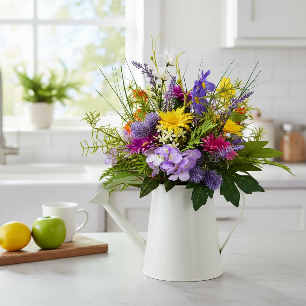 Lnymura 14 Inch Farmhouse Floral Centerpiece in Watering Can, Lighted Spring Summer Wildflower Arrangement with Timer Daisies for Table Decor Home and Kitchen