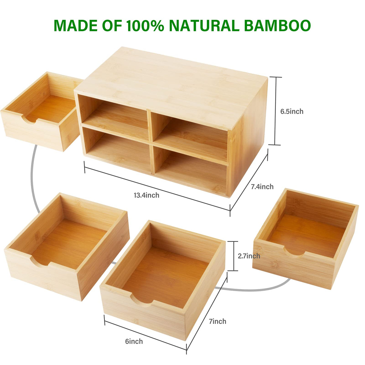 Charmewooden Bamboo Desk Organizer With Drawers Countertop Drawers Counter Storage Box Corner Desk Organizer for Home Office No Assembly Required (4 Drawers)
